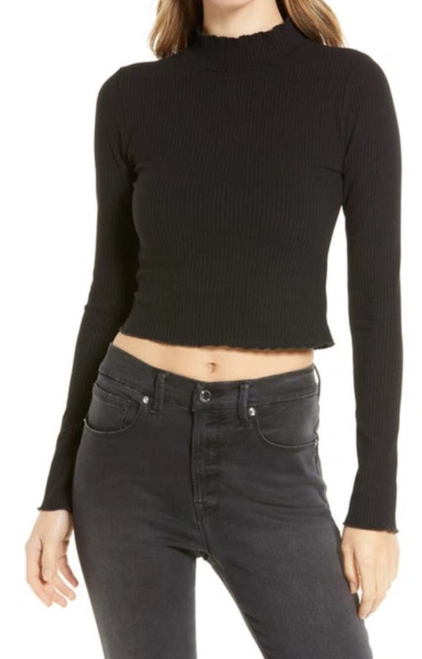 GOOD AMERICAN Cropped Mock Neck Top XL Black Stretch Long Sleeve NWT
